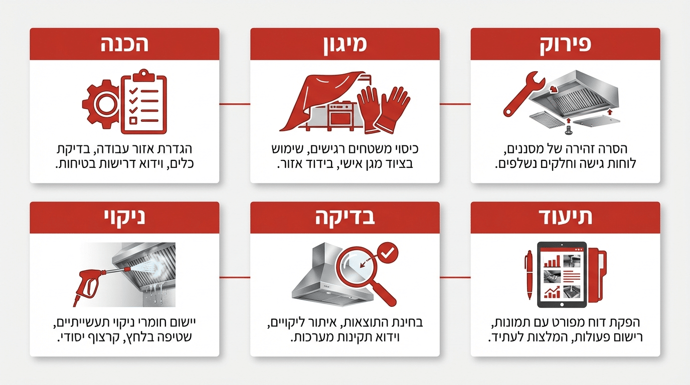 שלבי התהליך בשירות ניקוי ותחזוקת מנדפים